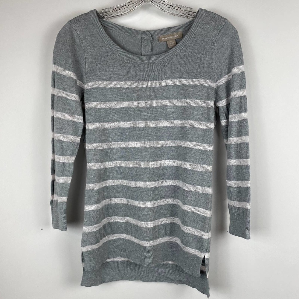 BANANA REPUBLIC S Gray Striped 3/4 Sleeve Linen Sweater - Picture 7 of 7